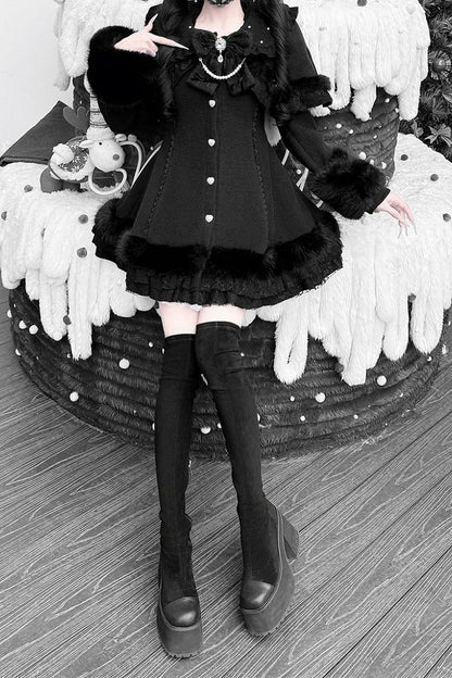 【11月13日予約締切】Black Pearl Bow-Tie Fur Coat With Detachable Cape And Fur Cuffs