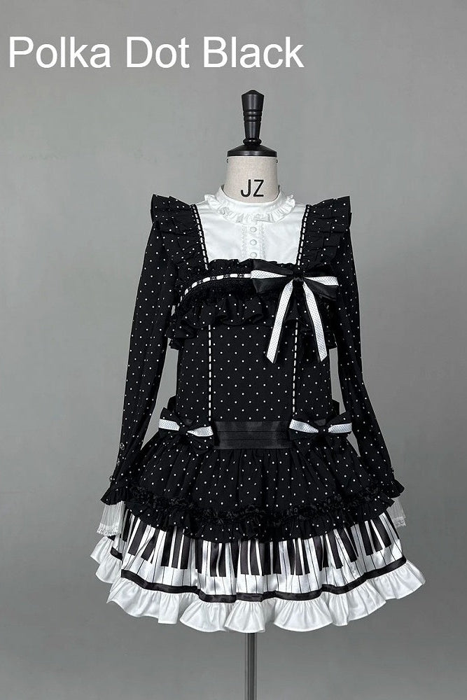 [Date limite de réservation : 22 octobre] Robe de poupée taille basse gothique Lolita à pois/noire avec touches de piano, nœud à volants