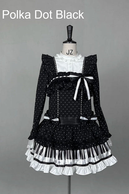 [Date limite de réservation : 22 octobre] Robe de poupée taille basse gothique Lolita à pois/noire avec touches de piano, nœud à volants
