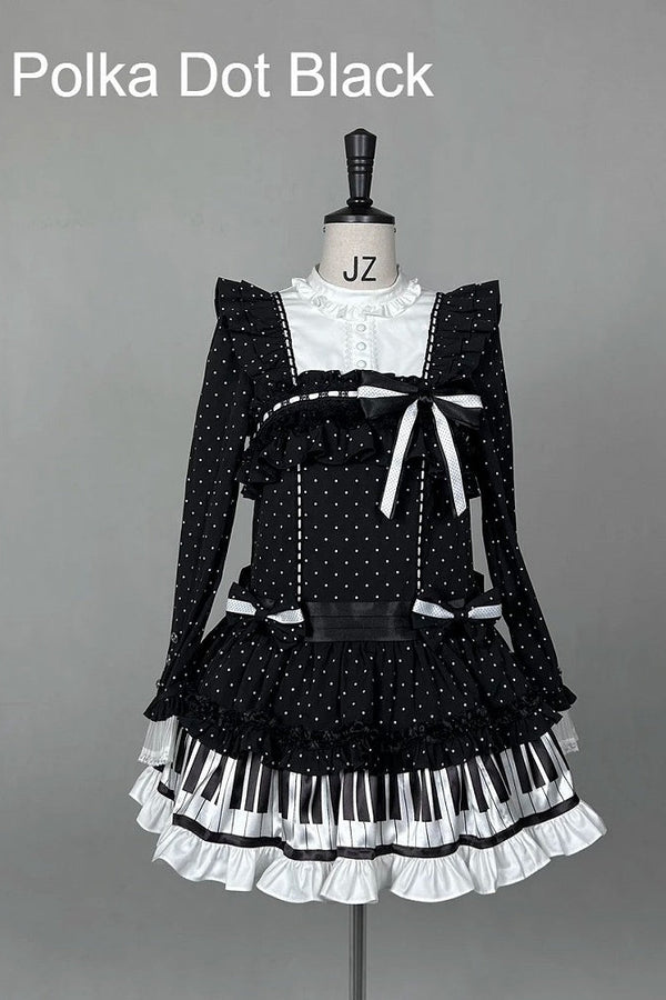 [Pre-order Deadline: October 22] Polka Dot/Black Gothic Lolita Piano Key Frill Bow Low Waist Doll Dress