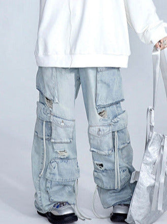 American Retro Loose Blue Ripped Straight Wide Leg Jeans