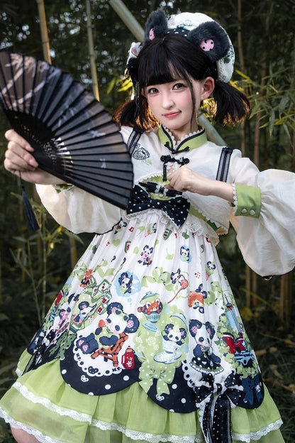 [Pre-order Deadline: October 25] Pink/Green Chinoiserie Lolita Sweet Panda Ear Bow High-Waist Tiered JSK Dress + Bow-Waist Panda Print Dress