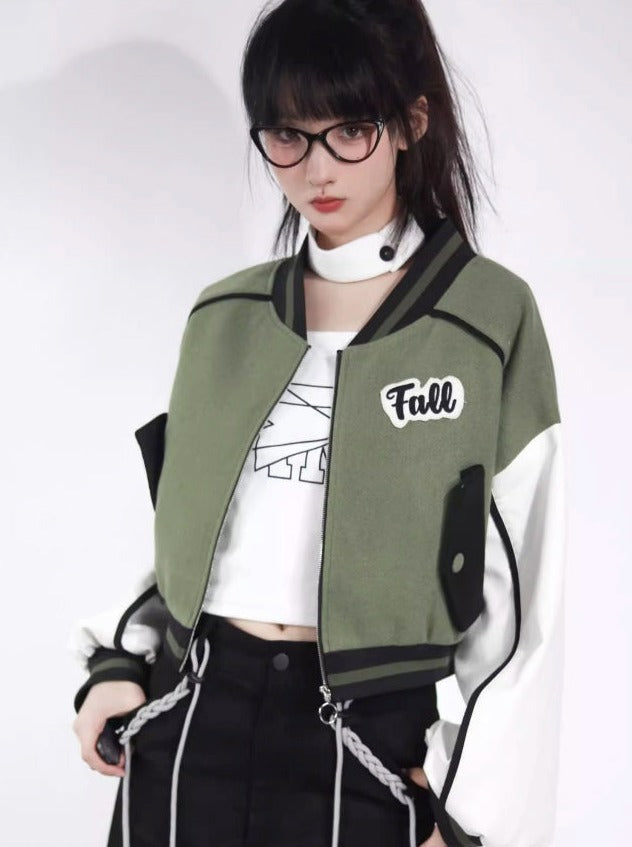 Baseball uniform jacket + high neck top + short skirt + long skirt