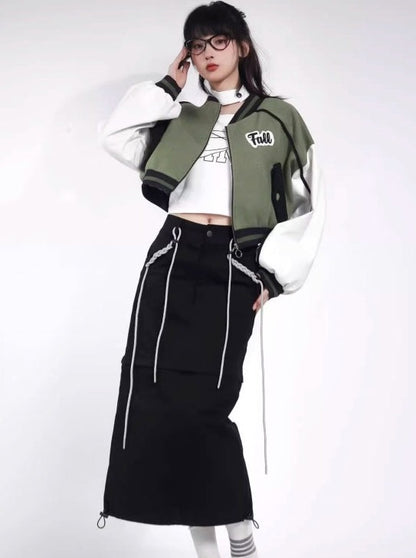 Baseball uniform jacket + high neck top + short skirt + long skirt