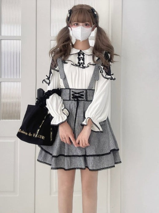 레이스 리히본 셔츠 + 슬리밍 체크 카트 [예약 제품]