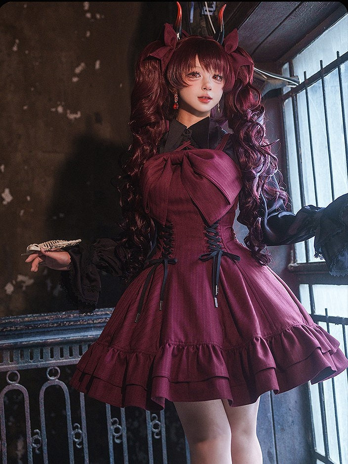 【12月26日予約締切】ゴシックロリータダークカラーストライプリボンサスドレス