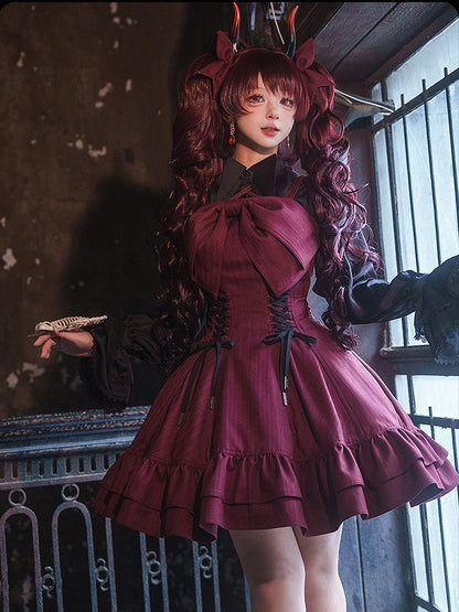 【12月26日予約締切】ゴシックロリータダークカラーストライプリボンサスドレス