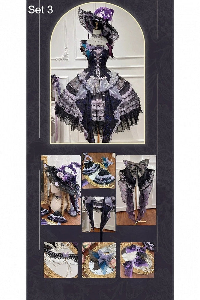 [Pre-order Deadline: August 29] Purple x Black Dark Gothic Butterfly Lace-Up Corset Bustier + Lace Ruffle Layered Skirt (with Front Ruffle Train) Matching Set + Dress Set 1/2/3