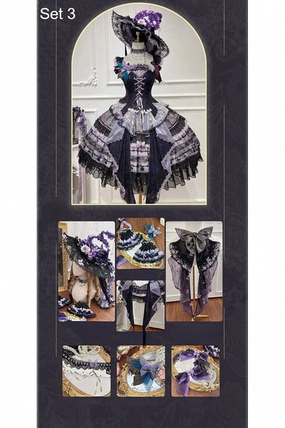 [Pre-order Deadline: August 29] Purple x Black Dark Gothic Butterfly Lace-Up Corset Bustier + Lace Ruffle Layered Skirt (with Front Ruffle Train) Matching Set + Dress Set 1/2/3