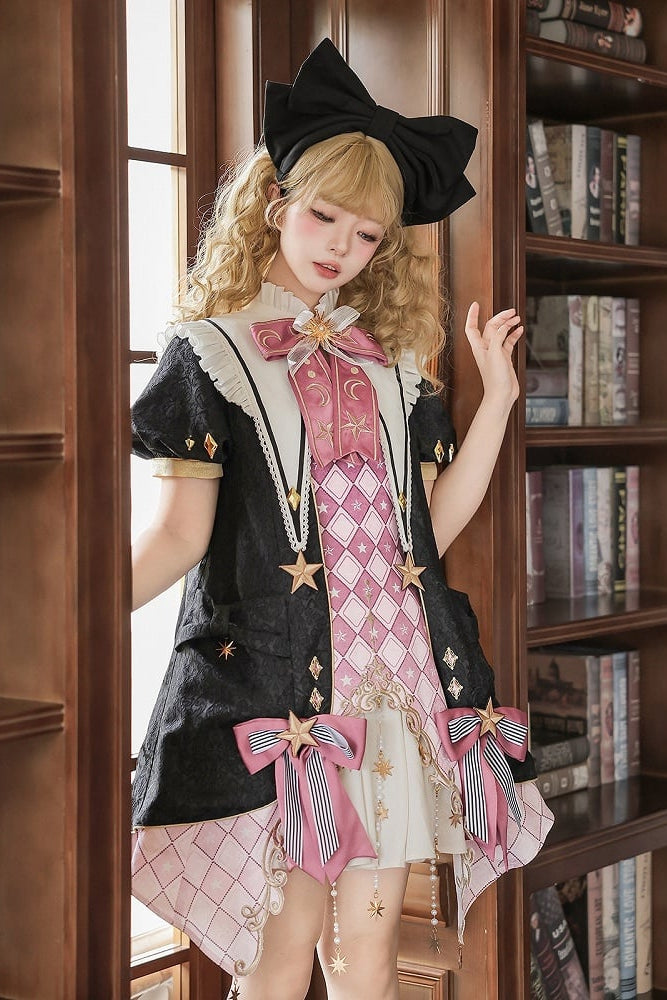 【10月13日予約締切】Magic Academy Starry Diamond Pendant Bow Lolita Dress + Black Lace Trim Bow Puff Sleeve Jacket + Detachable Star Embroidery Ribbon Frill Collar + Full Set