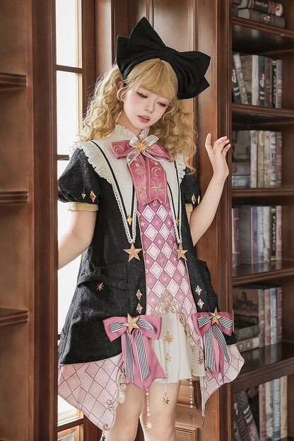 【10月13日予約締切】Magic Academy Starry Diamond Pendant Bow Lolita Dress + Black Lace Trim Bow Puff Sleeve Jacket + Detachable Star Embroidery Ribbon Frill Collar + Full Set