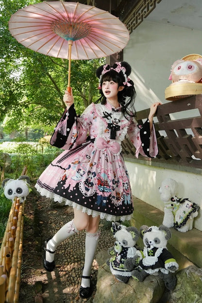 [Pre-order Deadline: October 25] Pink/Green Chinoiserie Lolita Sweet Panda Print Bow Bell Sleeve OP Dress
