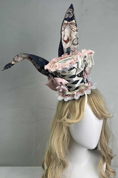 [Pre-order Deadline: September 28] Navy/Off-White Alice Classical Lolita Print Playing Card Frill Ribbon Dress + KC Set + Bunny Ear Hat Set