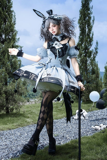 [Reservierungsschluss 10. Juli] Blau-schwarzes Alice-Gothic-Lolita-Komplettset mit Hasenohren-Haarreif und Kleid