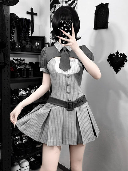 【4月15日予約締切】グレーピンストライプタイカラーショートジャケットドレスフルセット＋ジュエルキャスケット