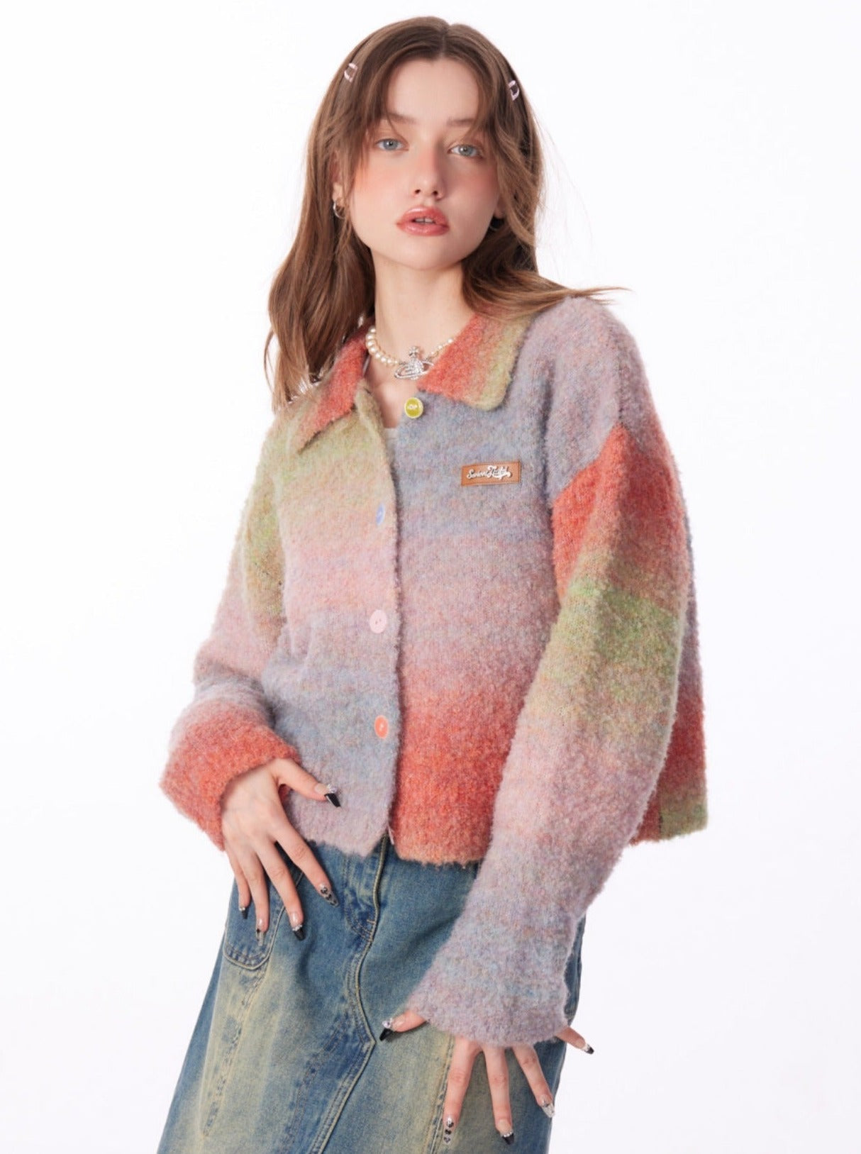 Gradient Polo Collar Soft Wax Wool Retro Cardigan