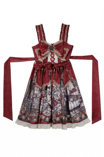 [Date limite de précommande : 7 août] Ensemble complet robe JKS vintage rouge à imprimé lapin histoire avec ruban antique + chemise à volants + manchettes lacées