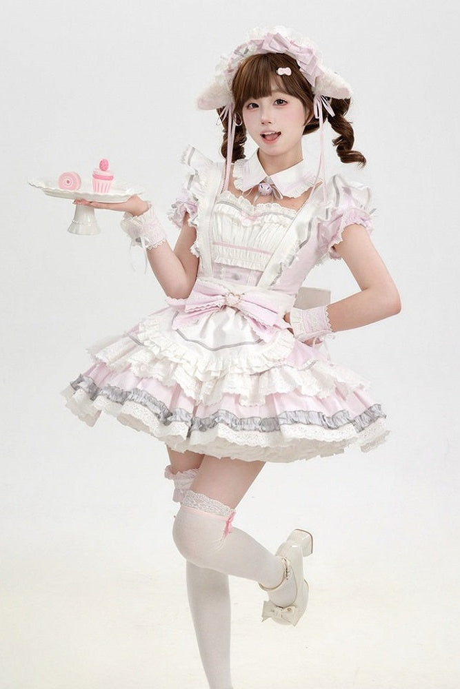 [Pre-Order] Pink Sweet Lolita Ruffle Maid Dress Set (Detachable Collar with Bells + Waist Apron with Ribbon + Back Ribbon + Leg Rings)