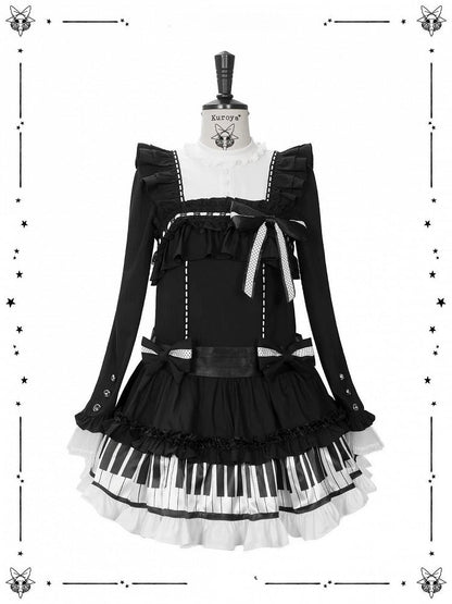 [Date limite de réservation : 22 octobre] Robe de poupée taille basse gothique Lolita à pois/noire avec touches de piano, nœud à volants