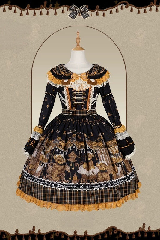 [Reservierungsschluss 8. September] Classic Bear Lolita-Stufenkleid mit weißem Kragen, Karomuster, Spitze und Schleife+Vintage-JSK-Kleid mit Teddybär-Print und Spitze+Vintage-Lolita-Kleid mit Teddybär-Print, Karokragen und klassischem Karomuster