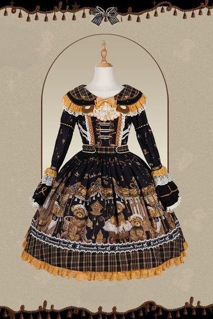 [Reservierungsschluss 8. September] Classic Bear Lolita-Stufenkleid mit weißem Kragen, Karomuster, Spitze und Schleife+Vintage-JSK-Kleid mit Teddybär-Print und Spitze+Vintage-Lolita-Kleid mit Teddybär-Print, Karokragen und klassischem Karomuster
