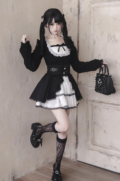 【12月6日予約締切】ブラックホワイトレースシアーショルダーニットトップス＋ケーキスカート