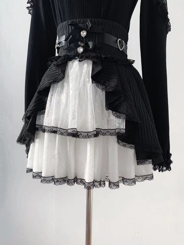 【12月6日予約締切】ブラックホワイトレースシアーショルダーニットトップス＋ケーキスカート