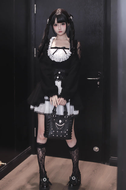 【12月6日予約締切】ブラックホワイトレースシアーショルダーニットトップス＋ケーキスカート