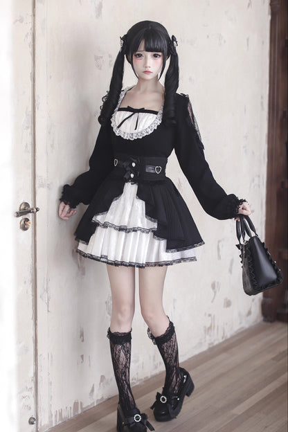 【12月6日予約締切】ブラックホワイトレースシアーショルダーニットトップス＋ケーキスカート