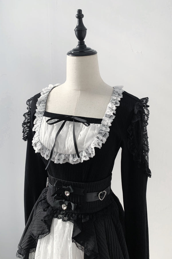 【12月6日予約締切】ブラックホワイトレースシアーショルダーニットトップス＋ケーキスカート