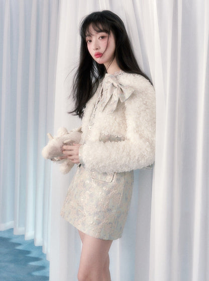 Lamb Fur Wool Retro Flower Design Jacket