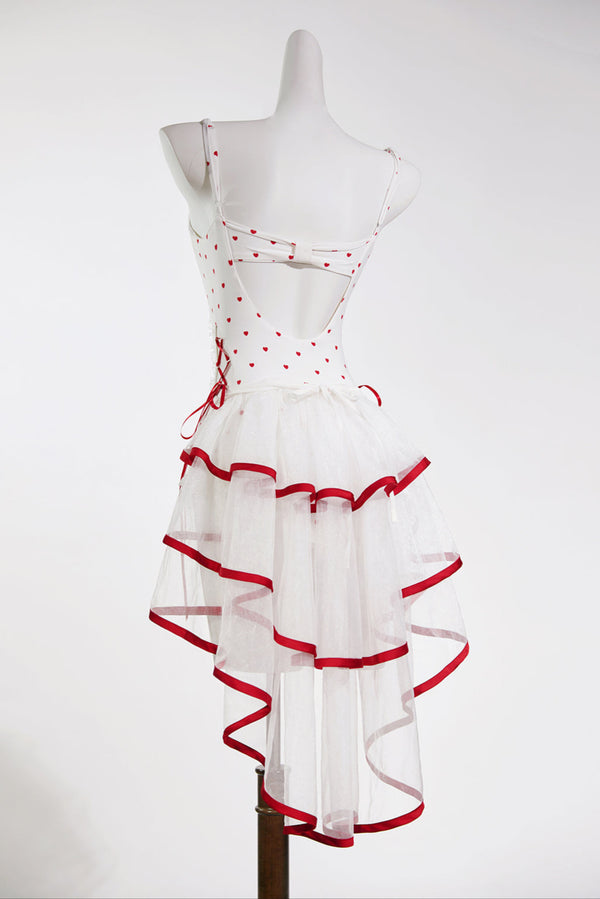 Red Heart Trailing Ribbon Cute Swimsuit Setup