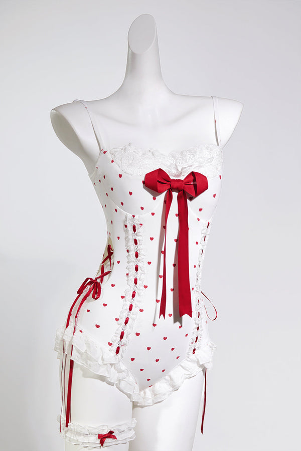 Red Heart Trailing Ribbon Cute Swimsuit Setup