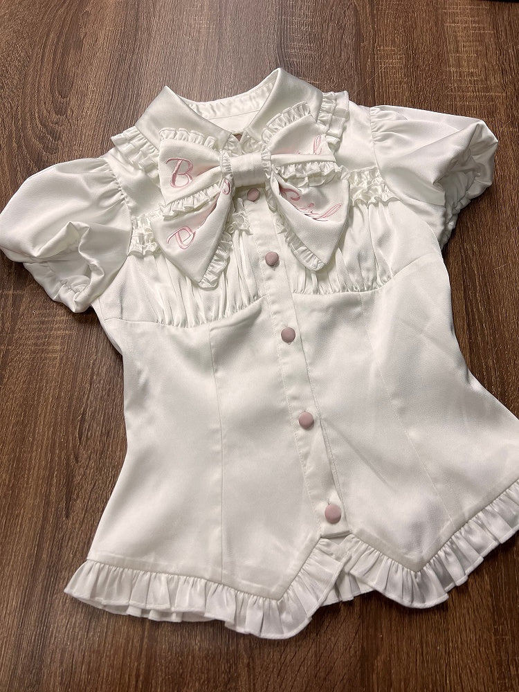 【5月12日予約締切】ピンクホワイトスイートロリータアイドルリボンパフスリーブシャツ＋コルセットチュールプルアップJKSドレスセットアップ