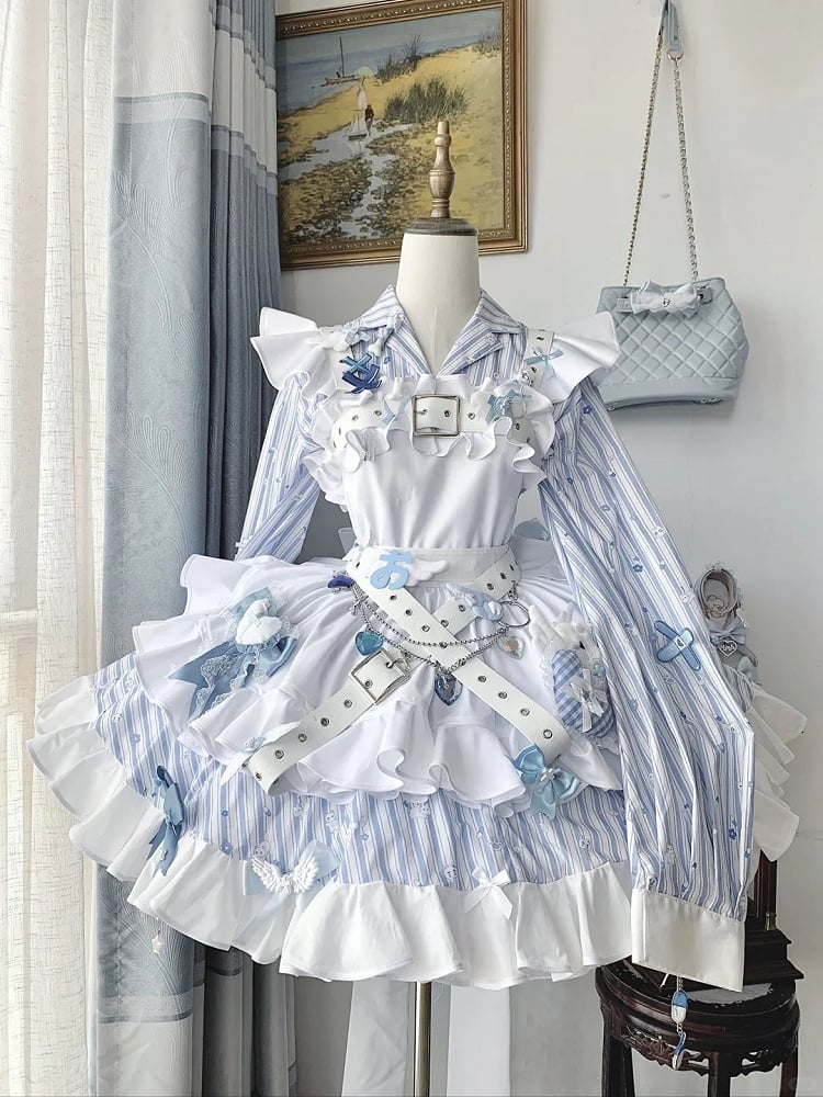 【11月5日予約締切】Blue White Striped Medical Lolita Nurse Sickly Kawaii Dress Suit Full Set (Shirt + Skirt + Apron + Back Ribbon + Leg Covers)