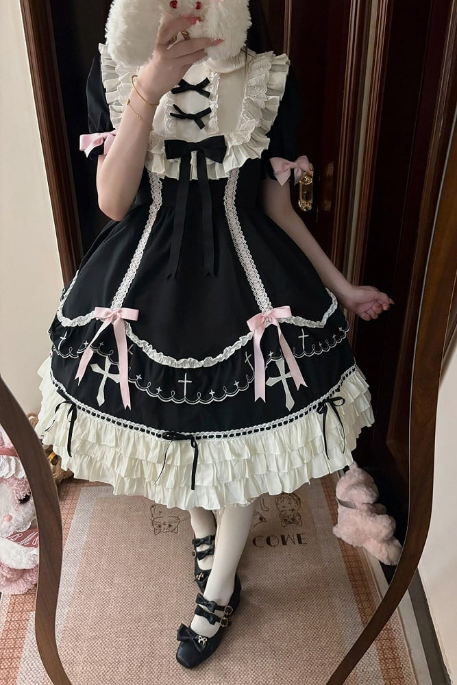 【10月4日予約締切】Black Pink Gothic-Inspired Sweet Lolita Ribbon Ruffle Dress＋Cross Embroidery Ribbon Cape