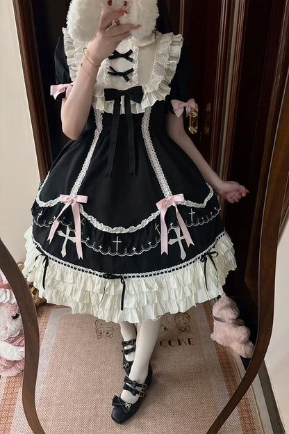 【10月4日予約締切】Black Pink Gothic-Inspired Sweet Lolita Ribbon Ruffle Dress＋Cross Embroidery Ribbon Cape