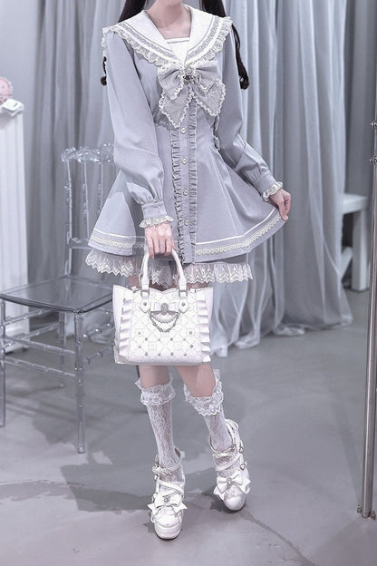 [Pre-order Deadline: September 29] Blue Sailor Collar Frill Lace Trim Dress + Shorts + Cross Charm Jewel Bow Tie Set
