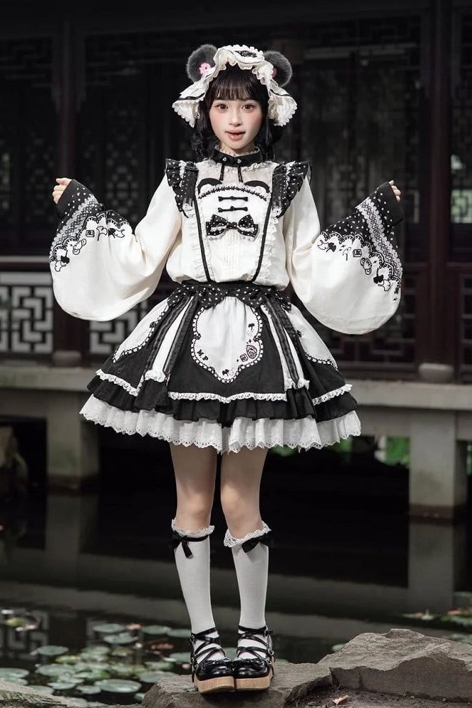 [Pre-order Deadline: October 25] Pink/White/Green Chinoiserie Lolita Sweet Panda Polka Dot Lace Apron Ruffle OP Dress