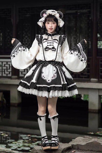 [Pre-order Deadline: October 25] Pink/White/Green Chinoiserie Lolita Sweet Panda Polka Dot Lace Apron Ruffle OP Dress