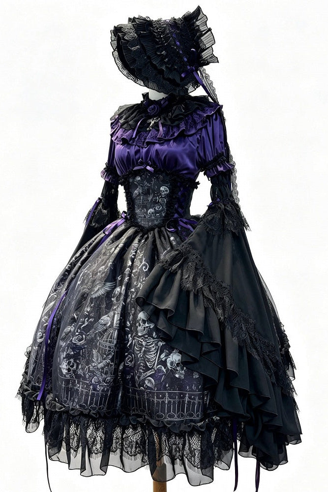 【11月25日予約締切】Gothic Lolita Frill Lace Puff Sleeve Satin Shirt + Skeleton Lace Layered Corset Skirt + Detachable Bell Sleeves + Bonnet Set