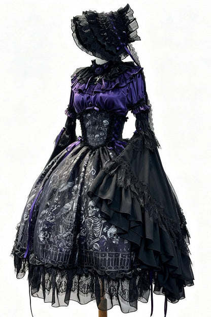 【11月25日予約締切】Gothic Lolita Frill Lace Puff Sleeve Satin Shirt + Skeleton Lace Layered Corset Skirt + Detachable Bell Sleeves + Bonnet Set