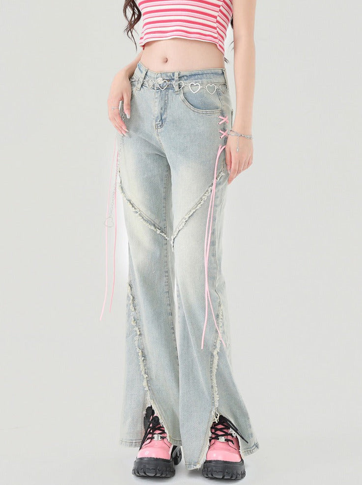 Bootcut High Waist Fringe Slit Flared Denim