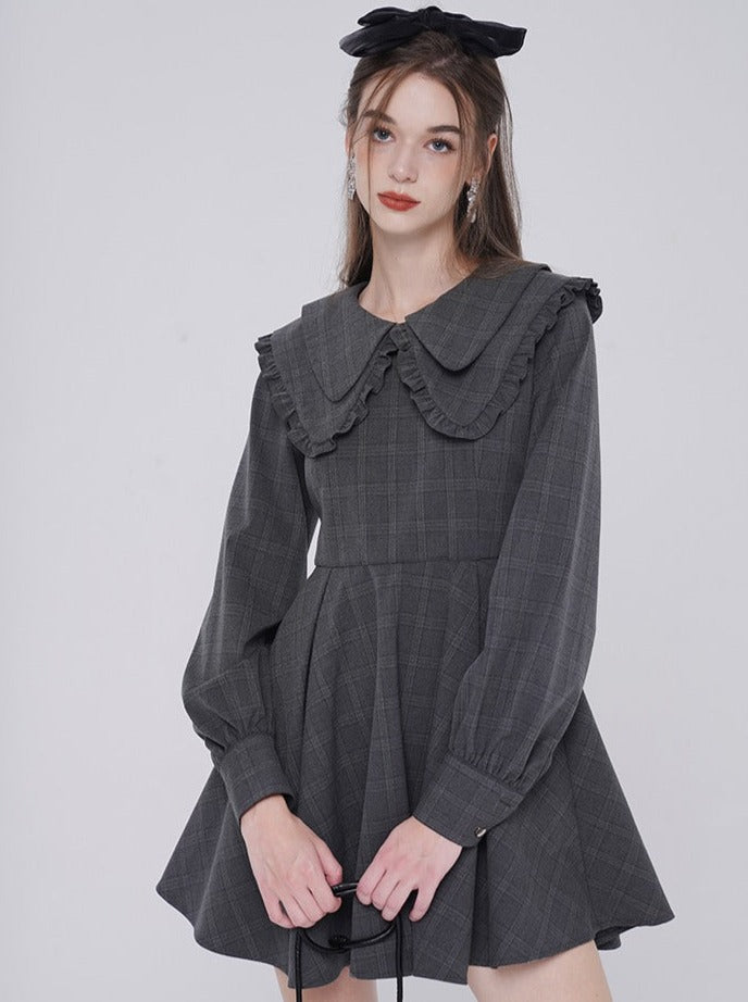 Dark Gray Check Puff Sleeve Dress