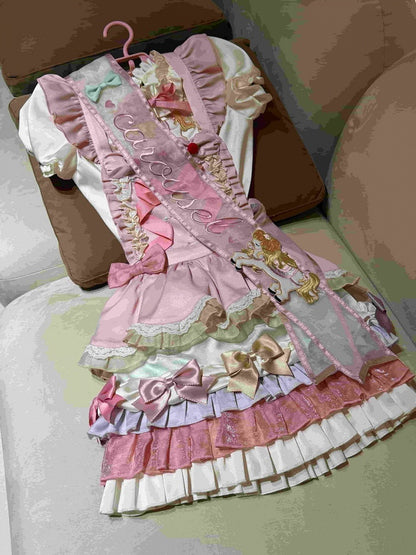 [Reservierungsschluss: 20. August] Dream-Parade Sweet-Lolita-Bluse mit Stickerei und Rüschen + gestuftes JKS-Kleidset mit Pastellschleife