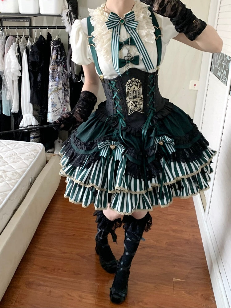 [Pre-order Deadline: May 20] Magical Girl Lolita Elegant Lace Puff Sleeve Shirt + Black x Green Ribbon Corset Tiered Dress + Mini Hat