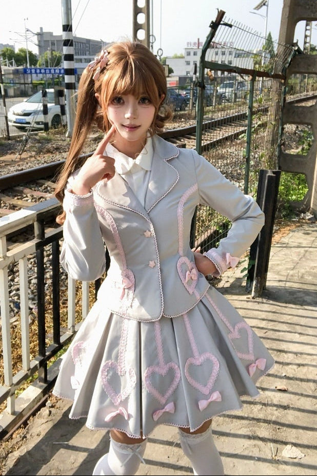 [Pre-order Deadline: June 28] Pink/Gray Vintage Lolita Heart Ribbon Tailored Jacket + Skirt + Tie