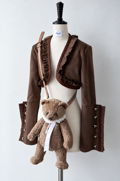 [Reservierungsschluss 6. November] Kurze Jacke im braunen Steampunk- und schwarzen Gothic-Mode-Stil aus Samt mit Rüschenbesatz, Herzmotiv und Manschettendekor