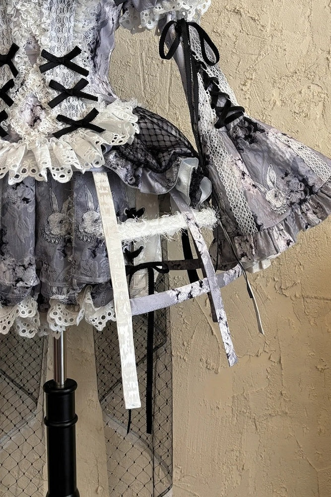 [Reservierungsschluss: 10. Monat, 6. Tag] Black Castle Bunny-Gothic-Doll-Spitzen-Korsett-Top mit Puffärmeln + Shorts + Rüschen-Überrock + Birdcage-Überrock Set 1/2/3