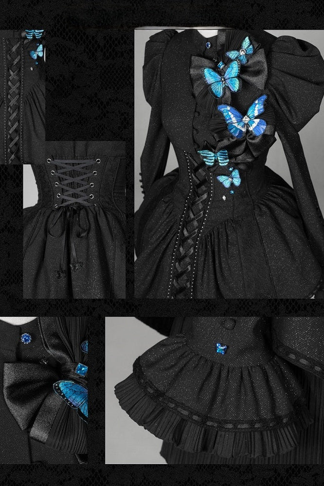 [Reservierungsschluss 14. Oktober] Schwarz-weißes Gothic-Lolita-Minikleid mit Schmetterlingsschleife, Bandkragen und Schnürung am Rücken